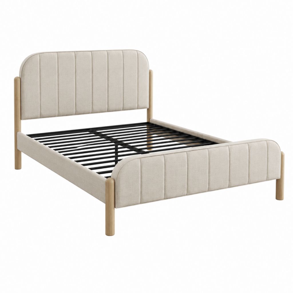 Polsterbettgestell Beige aus Polyester und massivem Kautschukholz 160 x 200 cm mit Lattenrost