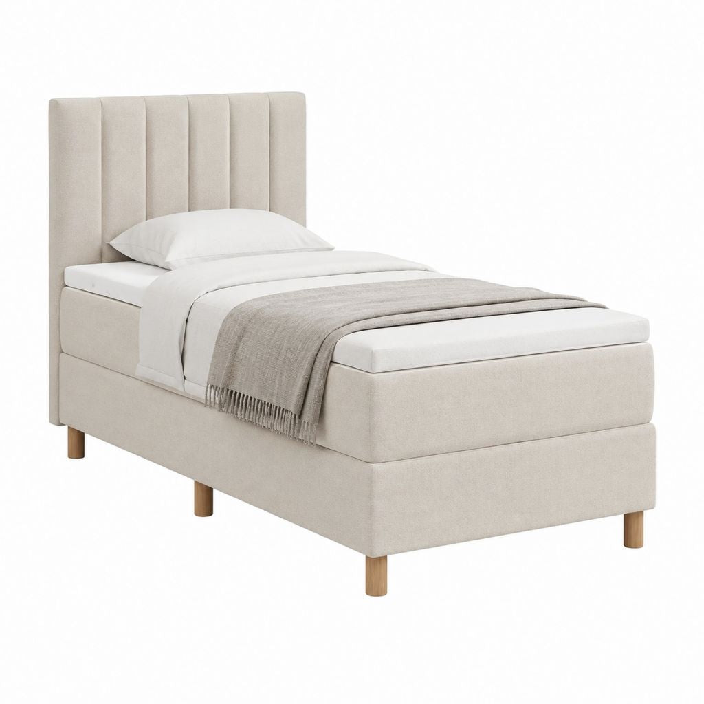 Boxspringbett 90 x 200 cm Beige Polyester Rechteckig mit gepolstertem Kopfteil und Massivholzfüßen