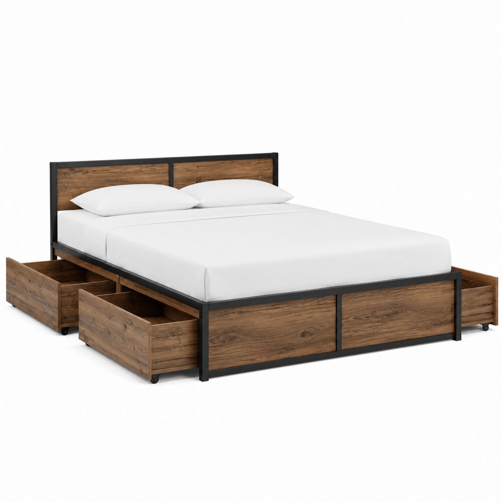 Stauraumbett Doppelbett mit 4 Schubladen Nussbaum Schwarz aus Stahl und melaminbeschichteter Spanplatte Rechteckig Liegefläche 180 x 200 cm