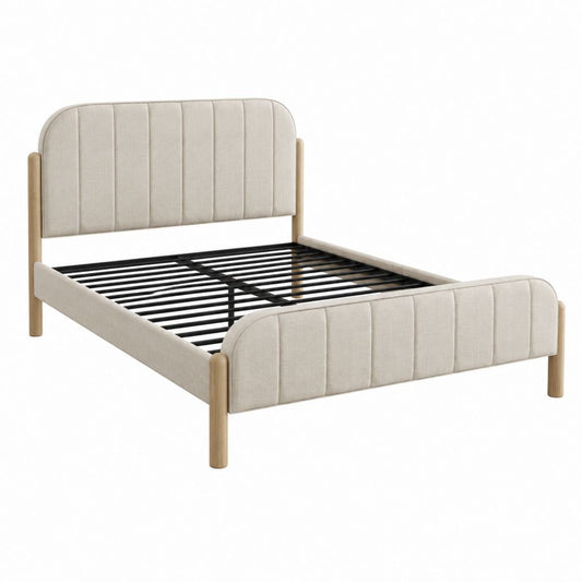 Polsterbettgestell Beige aus Polyester und massivem Kautschukholz 160 x 200 cm mit Lattenrost