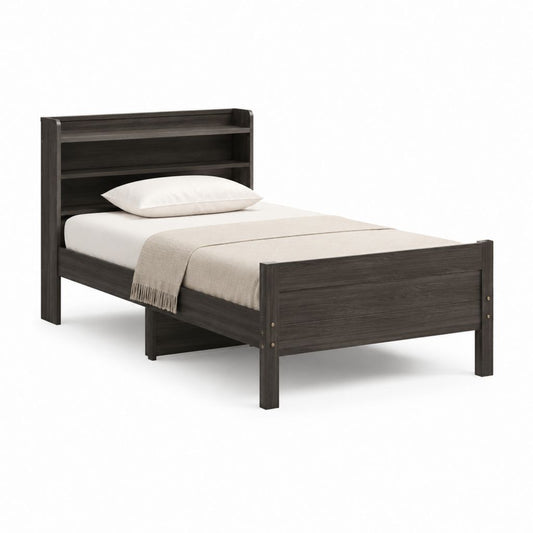 Einzelbett Bettgestell Dunkelbraun MDF rechteckig mit Regal-Kopfteil 90 x 200 cm