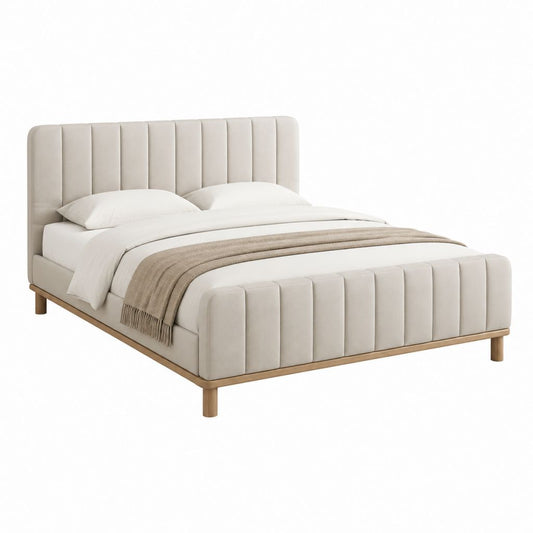 Polsterbett Doppelbett Creme mit Polyesterbezug und Massivholzrahmen 160 x 200 cm