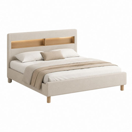 Polsterbett Doppelbett Beige Polyester Rechteckig 160 x 200 cm mit LED-Kopfteil